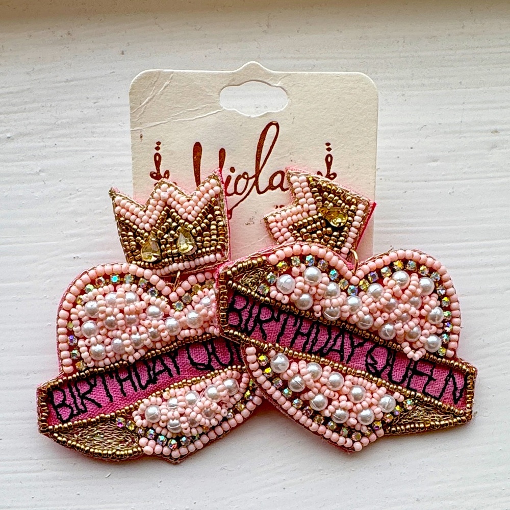 Pink and Gold beaded Birthday Queen earrings! NEW
